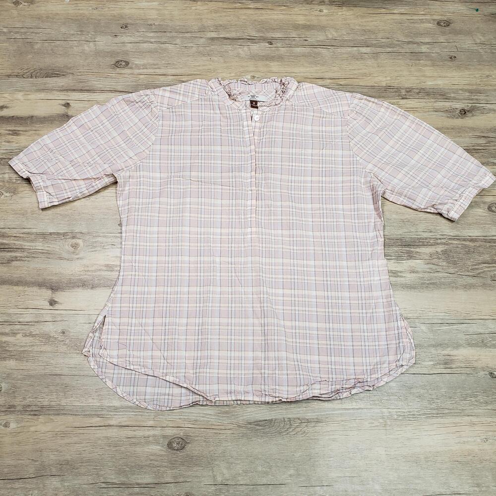 King Ranch Blouse Womens Medium Pink Plaid 3/4 Roll Tab Sleeve Henley Cotton Top